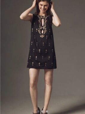 Anthropologie Black Shift Chemise with Gold Key Embroidery NWT